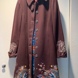 Beautiful brown, embroidered Oilily peacoat, size 38